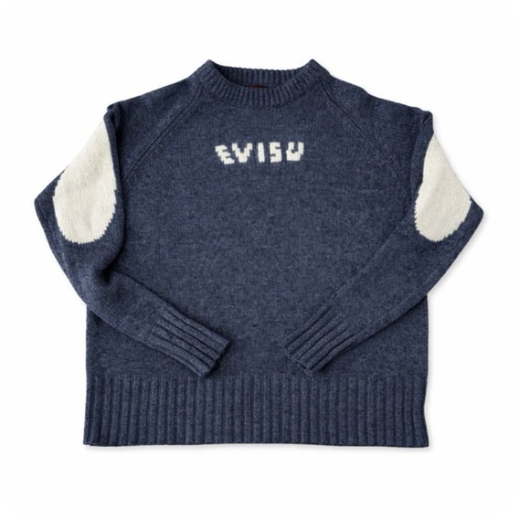 Evisu Sweaters - Evisu Vintage 100% Wool Crew Neck Sweater with Cream Accents